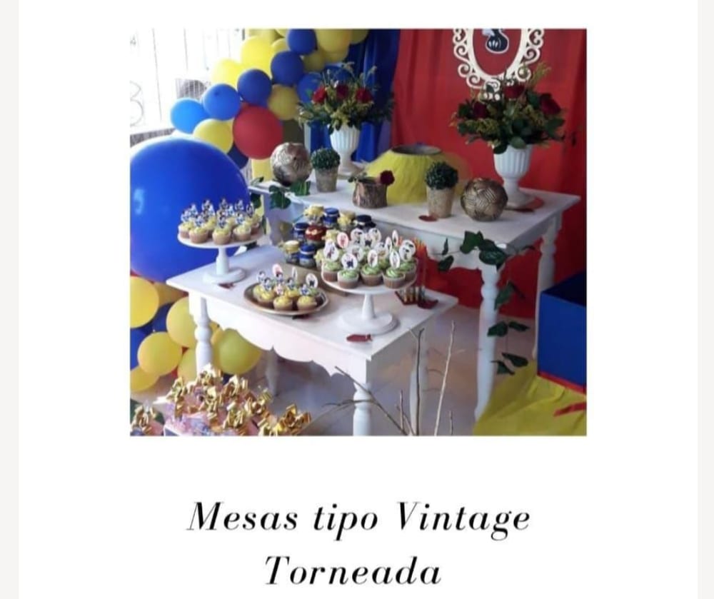 Mesa vintage torneada para alquiler en eventos